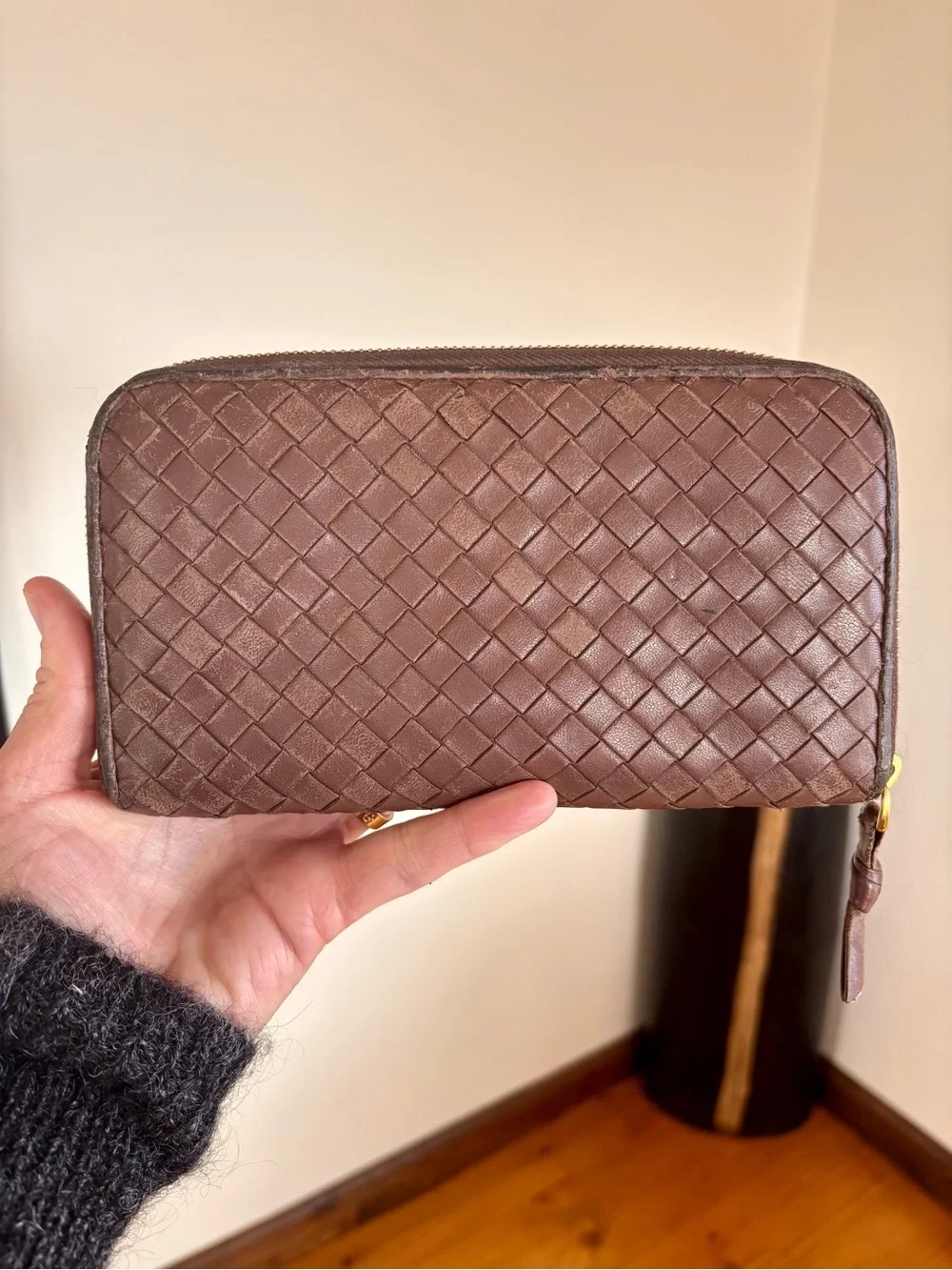 BOTTEGA VENETA Brown Intrecciato Woven Leather Zip Around Wallet